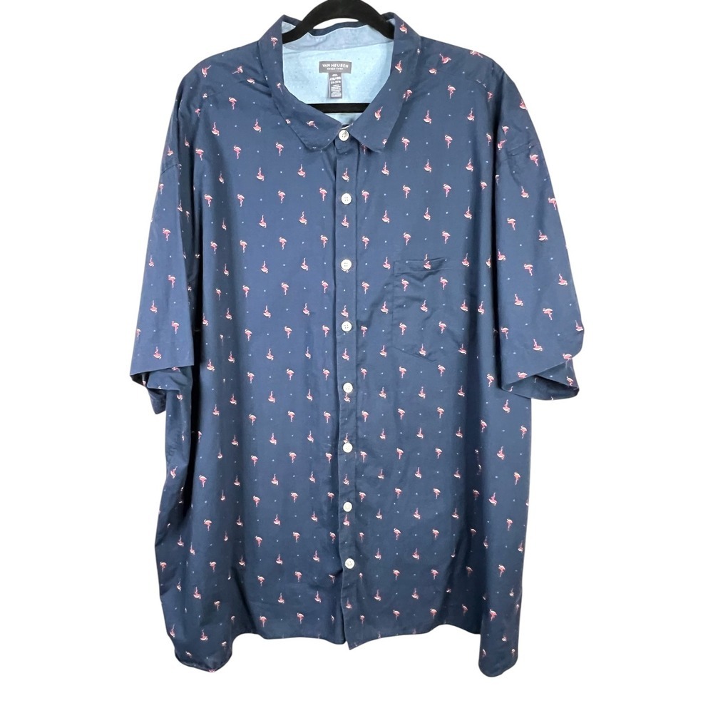 Van Heusen Never Tuck Men's Navy Pink Flamingo Print Short Sleeve Shirt- Size 4x